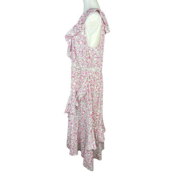 Eloquil Women's Pink Ruffled Floral Blouson‎ Crepe Asymmetric MIDI Dress 16/C44 - Picture 3 of 11